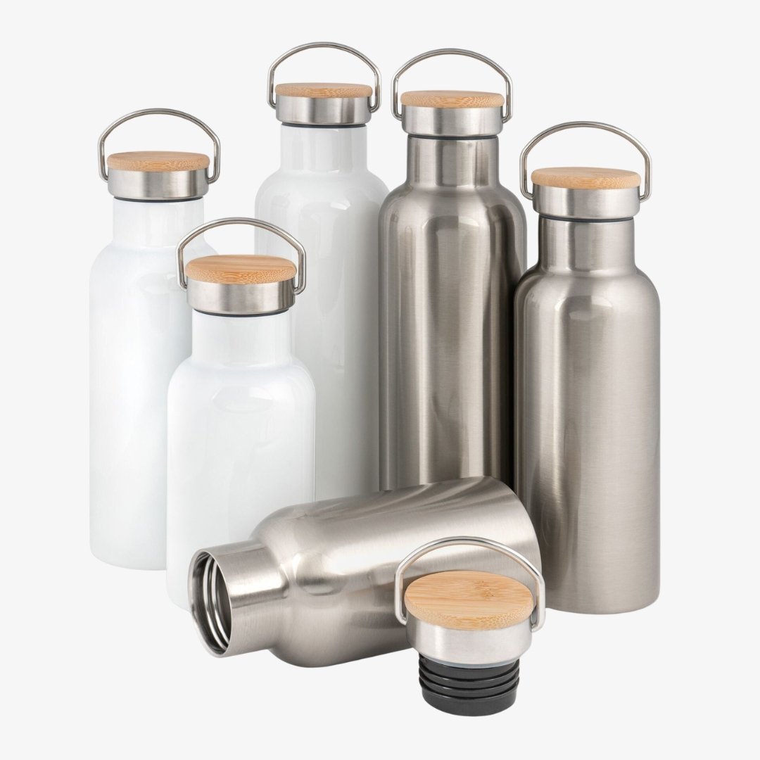 Edelstahl-Thermoflasche mit Bambusdeckel div. Größen und Farben – personalisierbar, MPlot